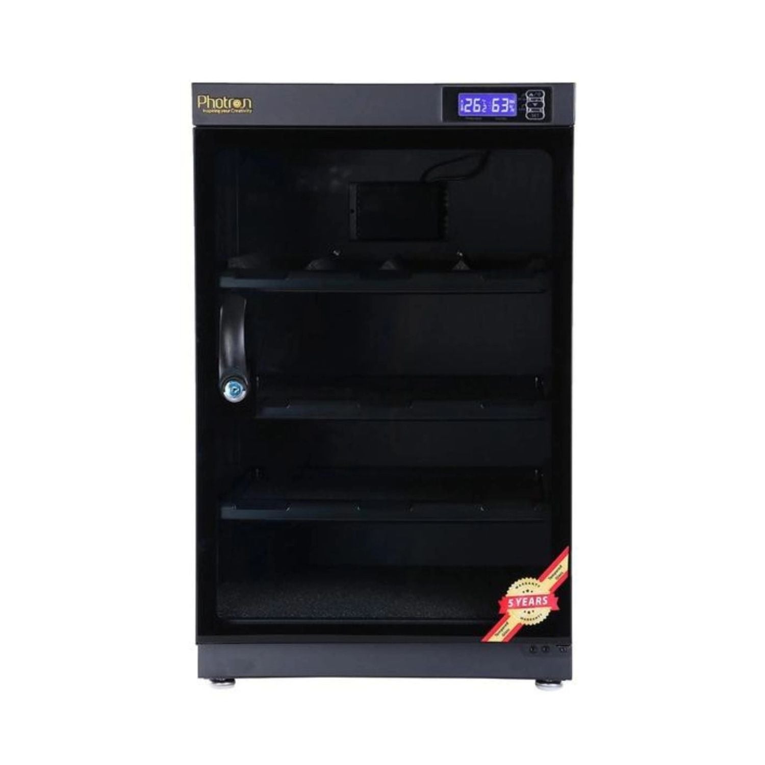 195L dry cabinet with glass door and internal shelves, digital humidity display on top